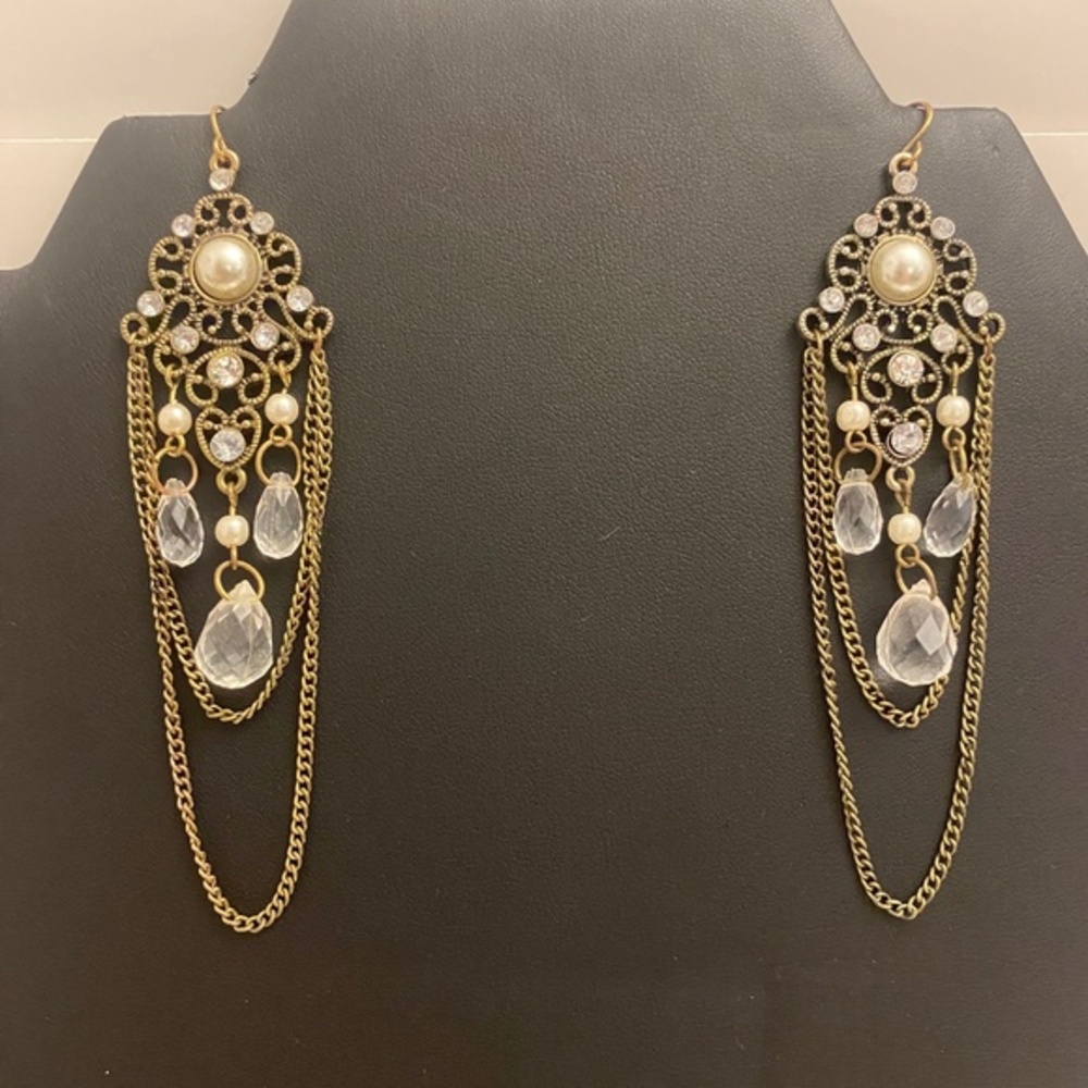 Gold and White Chandelier Earrings, 4" Drop, EUC